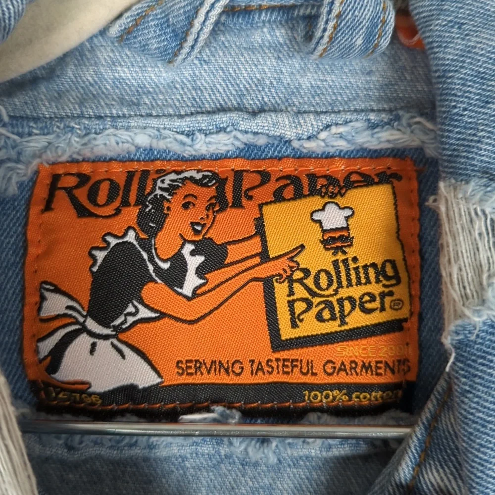 Rolling Paper Women's Blue Distressed Paint Flecked Denim Jacket Size‎ M - Picture 5 of 8